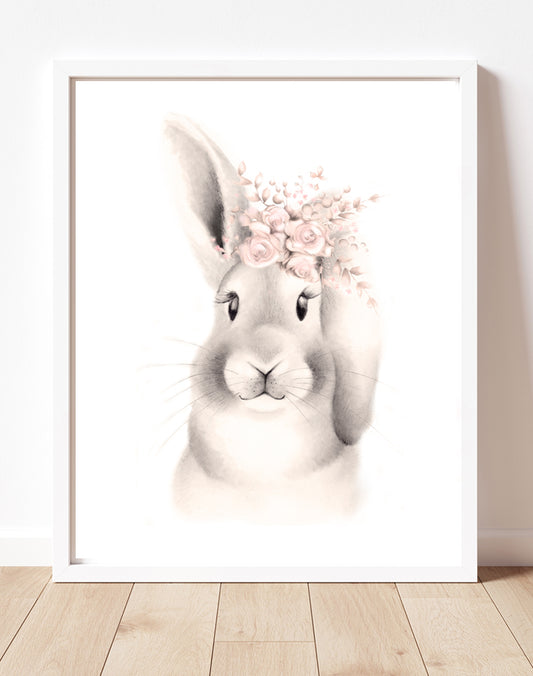 Bunny with Flower Crown Print in Sweet Blush - Studio Q - Art by Nicky Quartermaine Scott