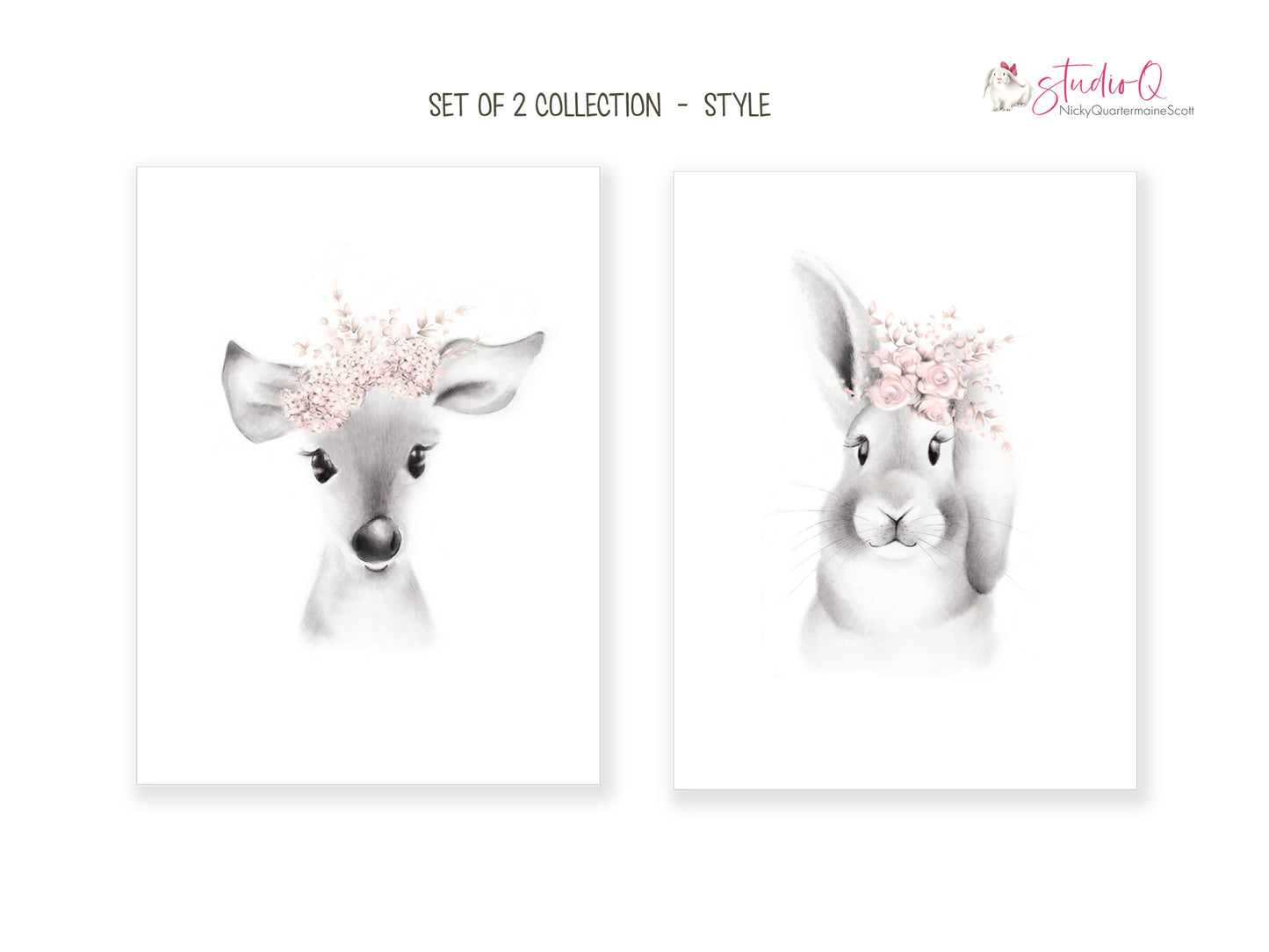 Bunny and Deer Flower Crown Prints - Set of 2- Studio Q - Art by Nicky Quartermaine Scott