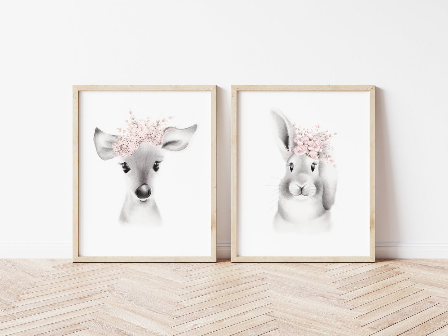 Bunny and Deer Flower Crown Prints - Set of 2- Studio Q - Art by Nicky Quartermaine Scott