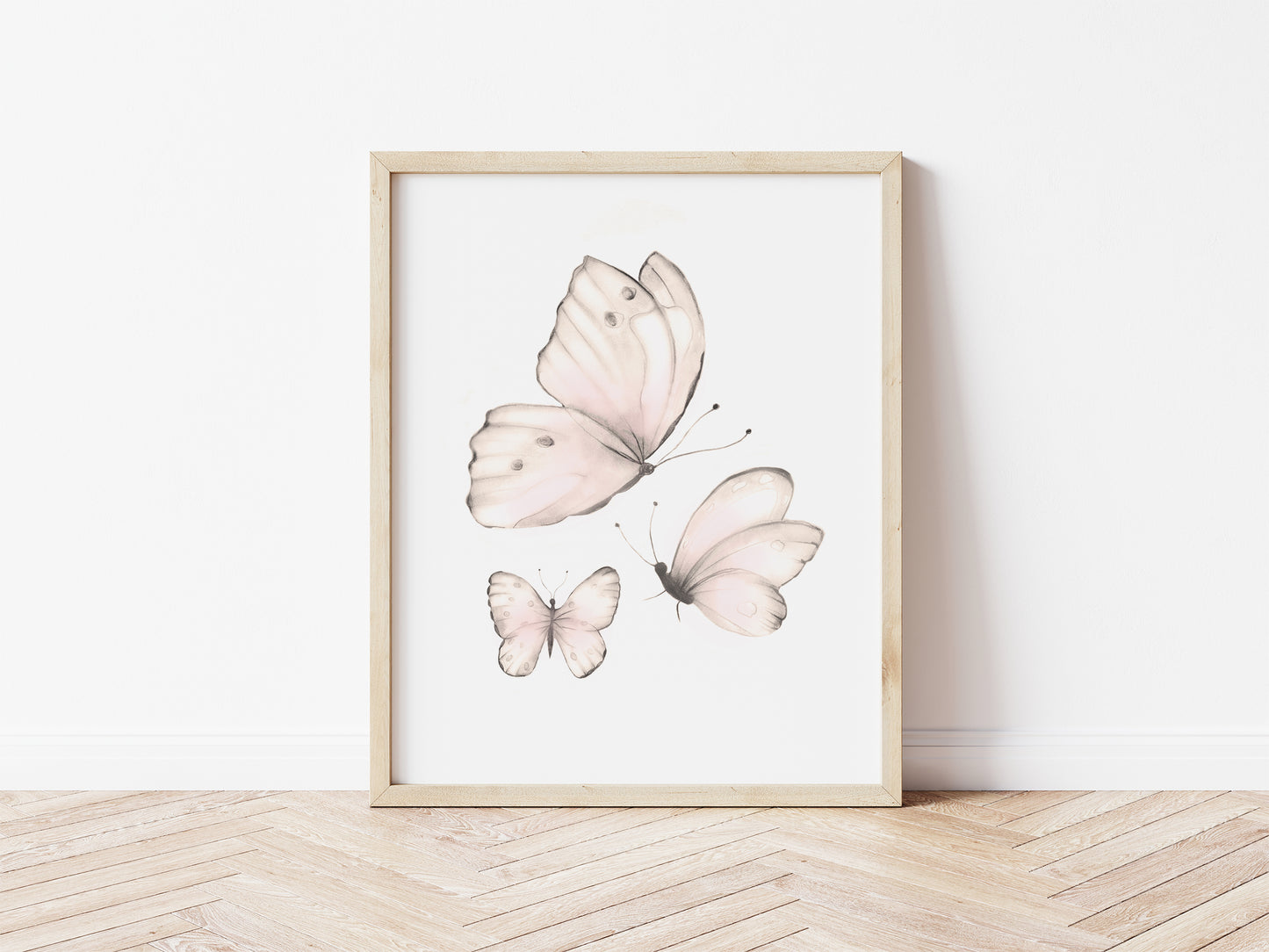 Drawing of three pink butterflies on a white background - Studio Q - Art by Nicky Quartermaine Scott