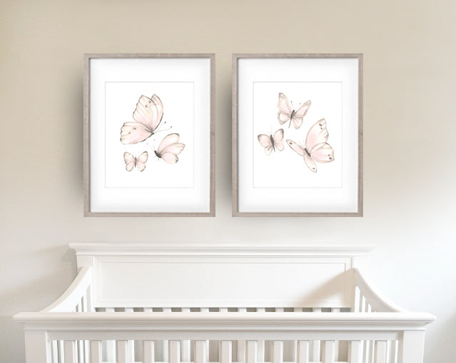 Butterflies Nursery Prints - Sweet Blush - Set of 2- Studio Q - Art by Nicky Quartermaine Scott