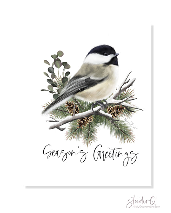 Chickadee Bird Holiday Art Print- Studio Q - Art by Nicky Quartermaine Scott