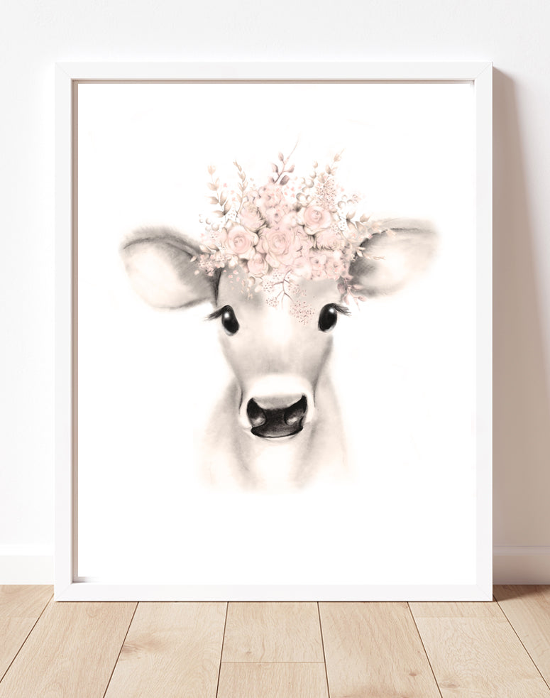 Cow Flower Crown Print in Sweet Blush - Studio Q - Art by Nicky Quartermaine Scott