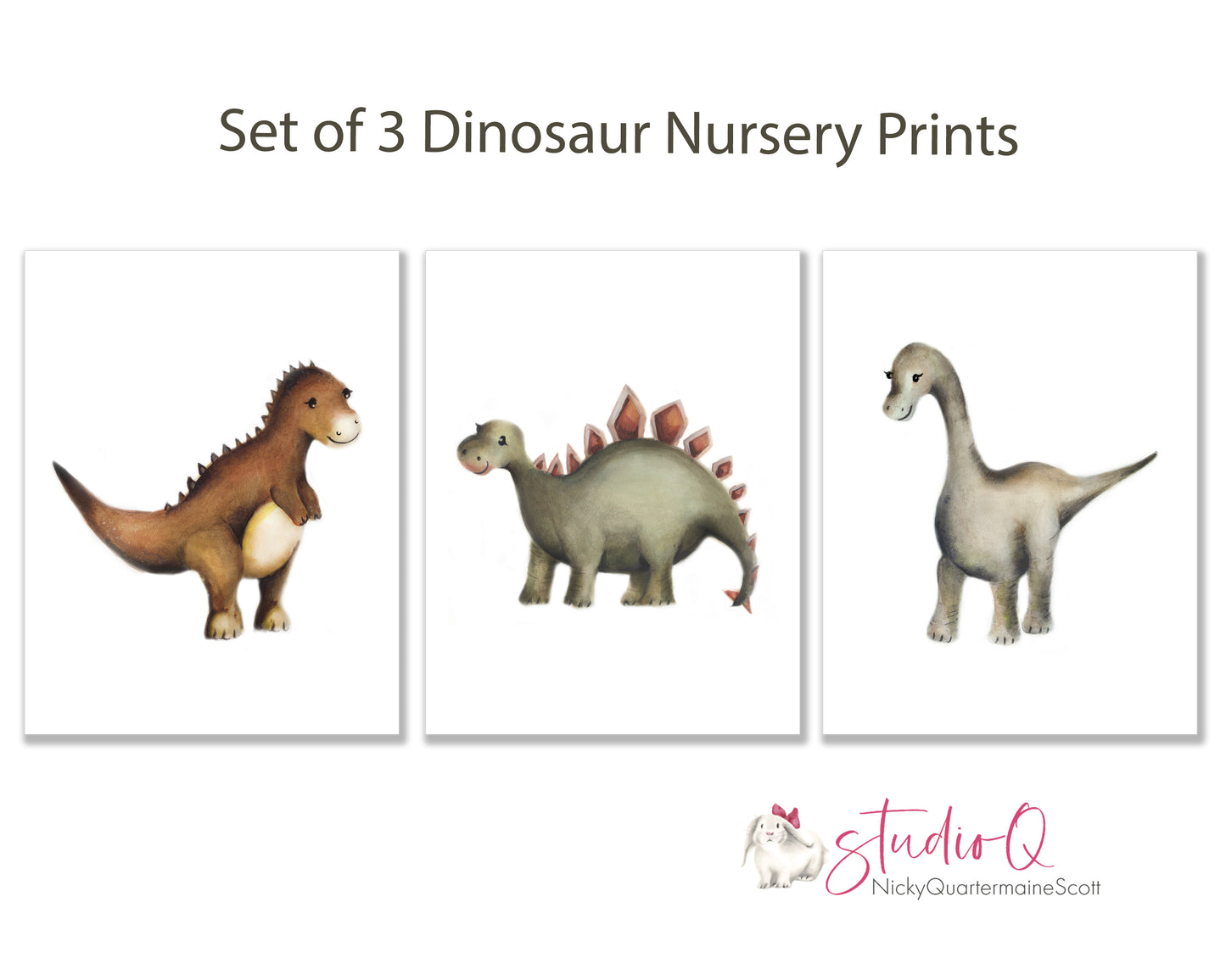 Dinosaur Nursery Prints- Set of 3- Studio Q - Art by Nicky Quartermaine Scott