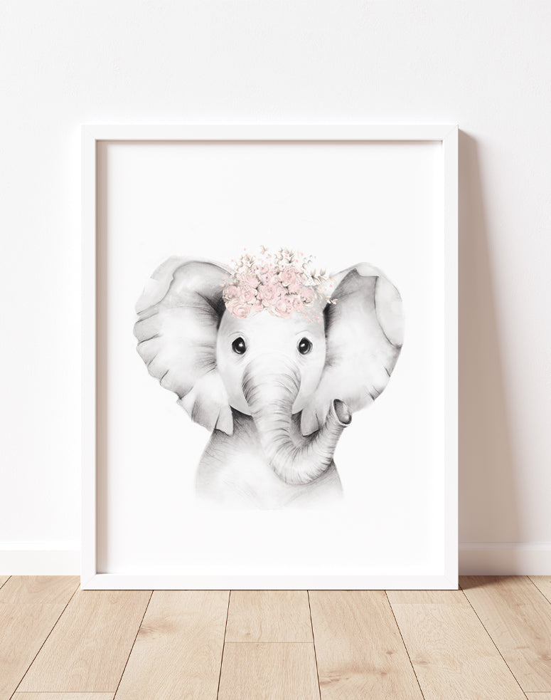 Elephant Flower Crown Print in Sweet Blush - Studio Q - Art by Nicky Quartermaine Scott