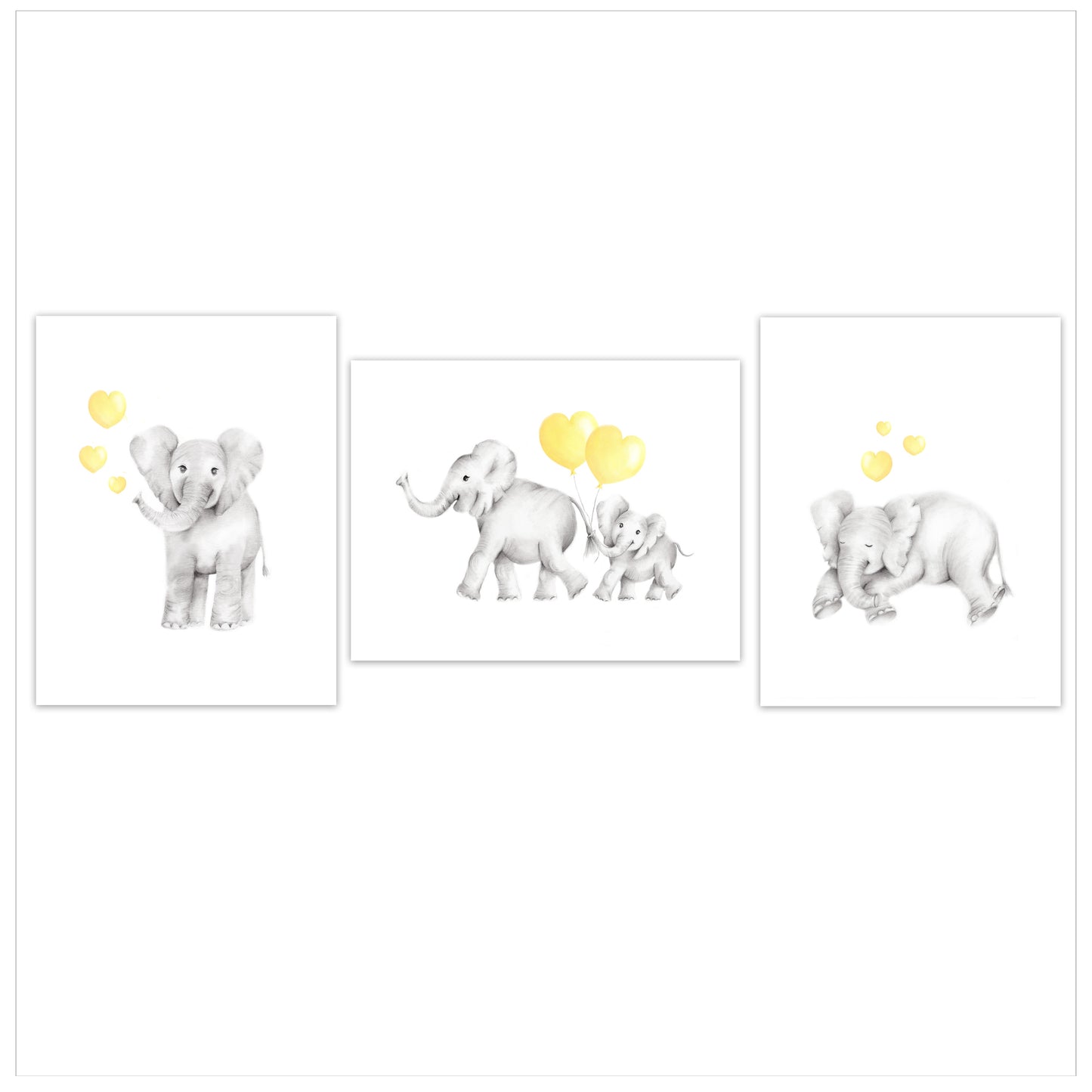 Elephants with Hearts Nursery Art Prints - Set of 3 - Studio Q - Art by Nicky Quartermaine Scott