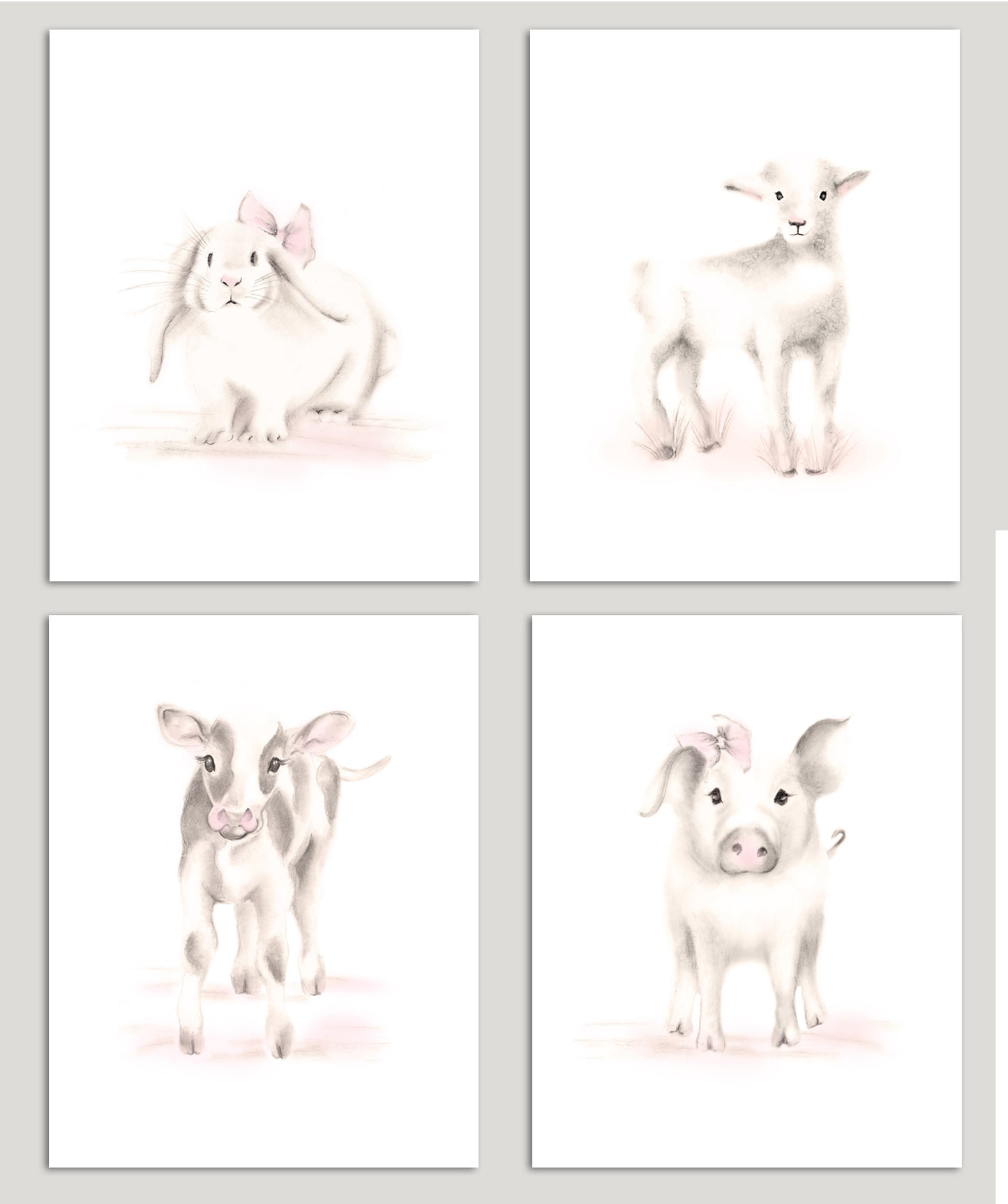 Set of 4 baby farm animal sketch prints in shades of beige and pink on white backgrounds placed against a light grey background.. Studio Q - Art by Nicky Quartermaine Scott