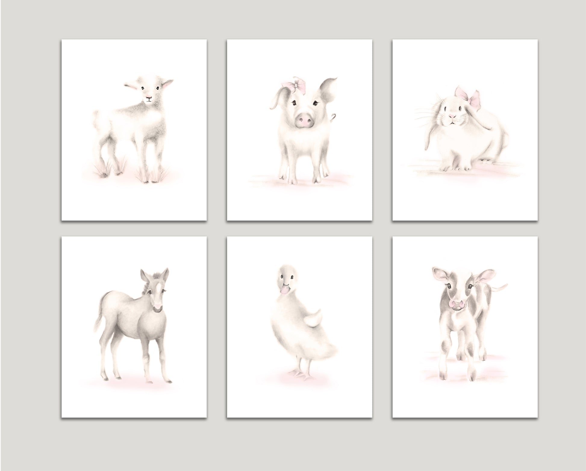 Set of 6 baby farmhouse nursery prints for a girl on a grey background - Studio Q  - Art by Nicky Quartermaine Scott