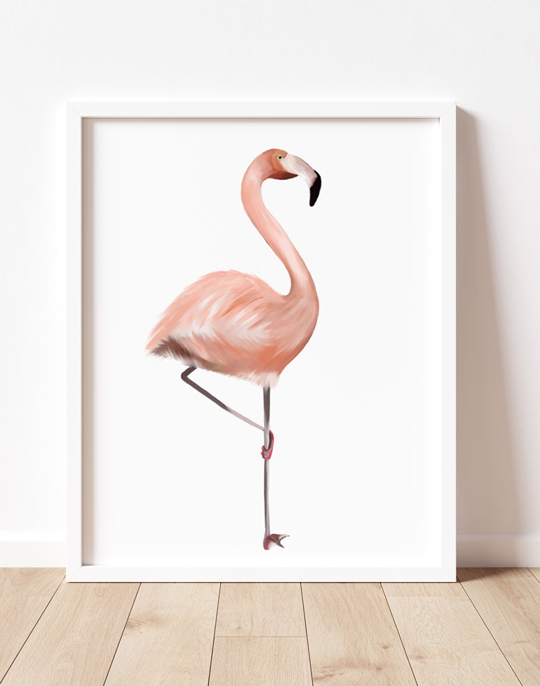Painting of a pink flamingo on a white background with a white frame - Studio Q - Art by Nicky Quartermaine Scott