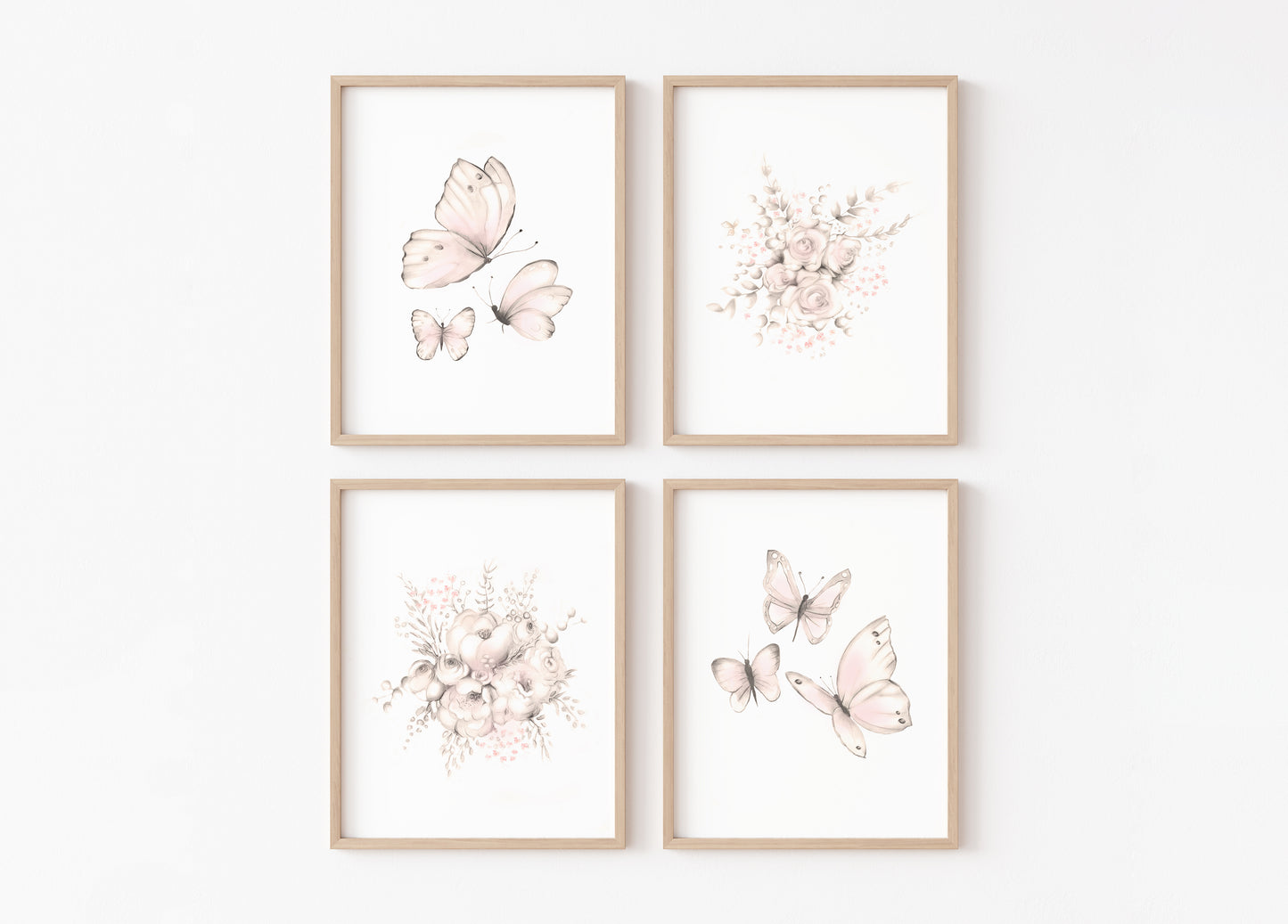 Flower and Butterfly Nursery Prints - Sweet Blush - Set of 4 - Studio Q - Art by Nicky Quartermaine Scott