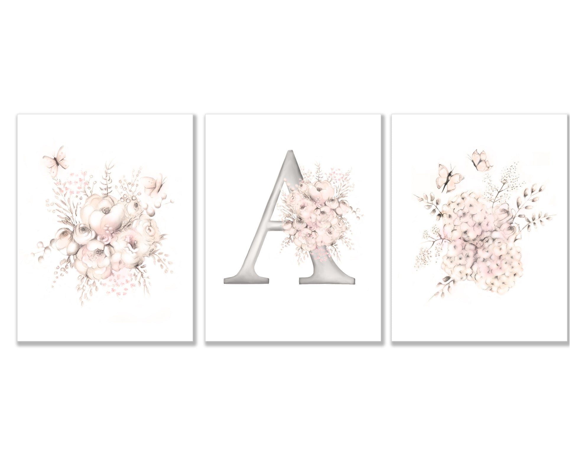 Set of three flower and butterfly sketches in tones of beige and blush pink. Center print has a letter A designed with flowers - Studio Q - Art by Nicky Quartermaine Scott
