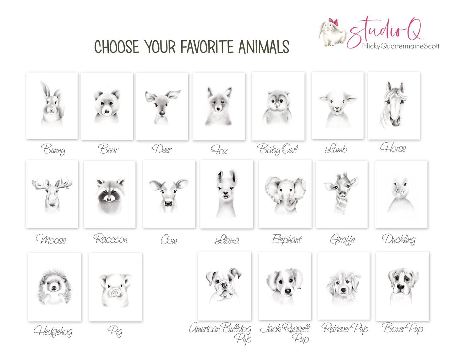 Baby Animal Sketch Prints - Set of 3