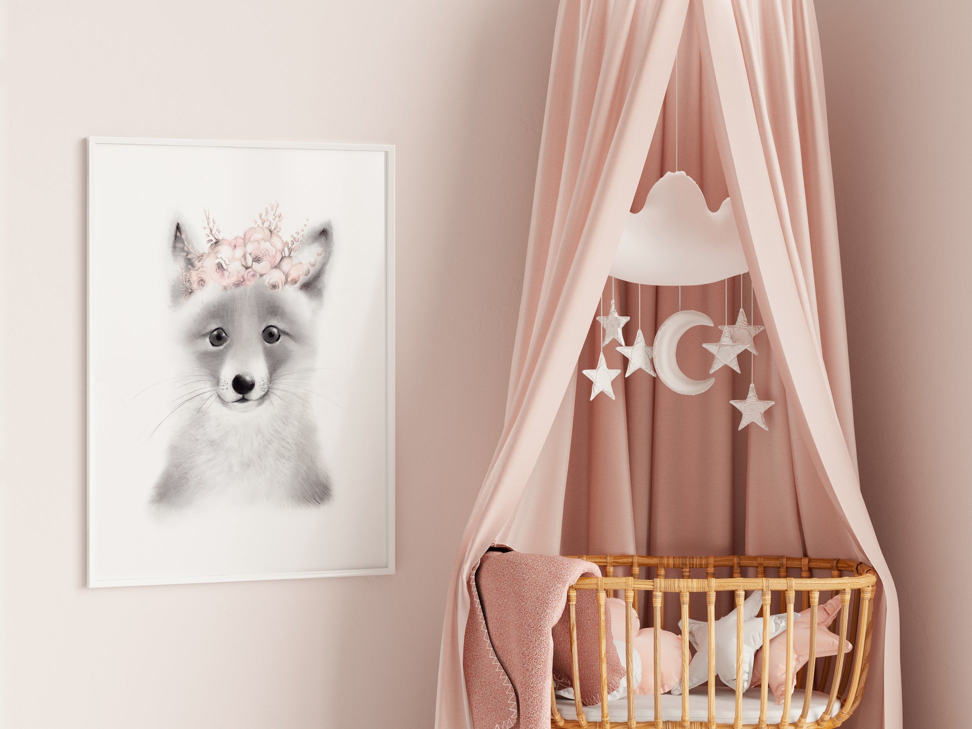Baby Fox with Blush Flower Crown Print - Studio Q - Art by Nicky Quartermaine Scott