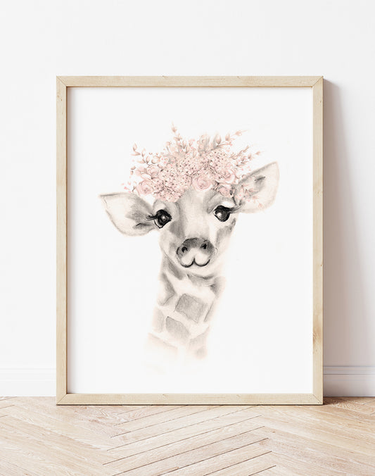 Giraffe Flower Crown Print in Sweet Blush - Studio Q - Art by Nicky Quartermaine Scott