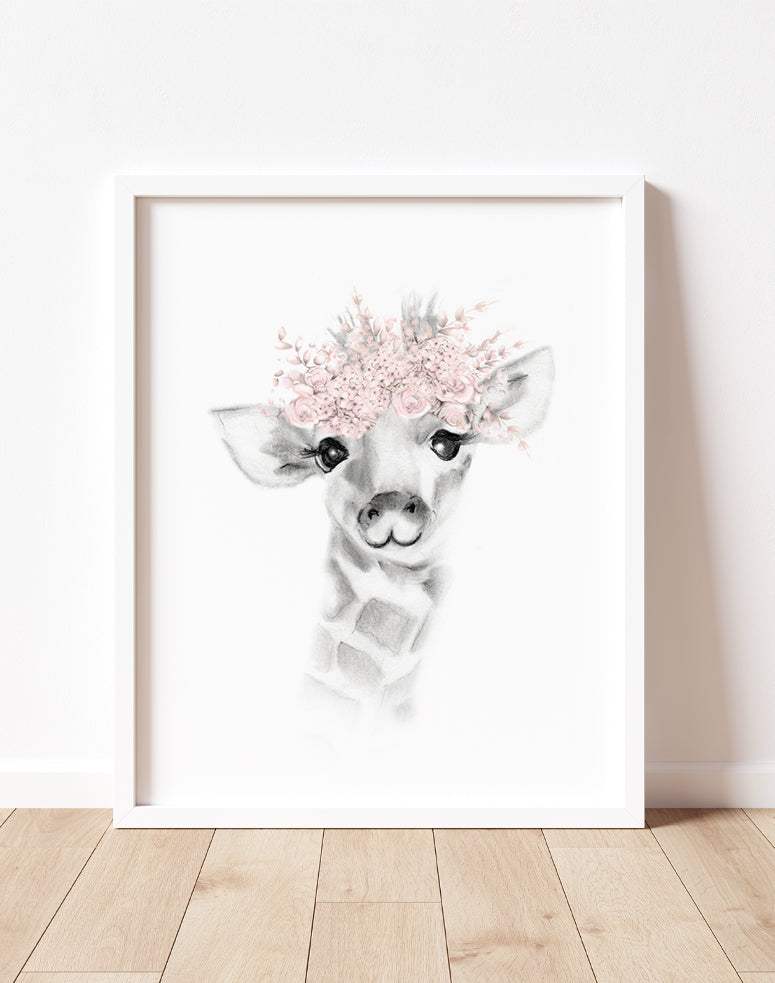 Giraffe with Blush Flower Crown Print  - Studio Q - Art by Nicky Quartermaine Scott