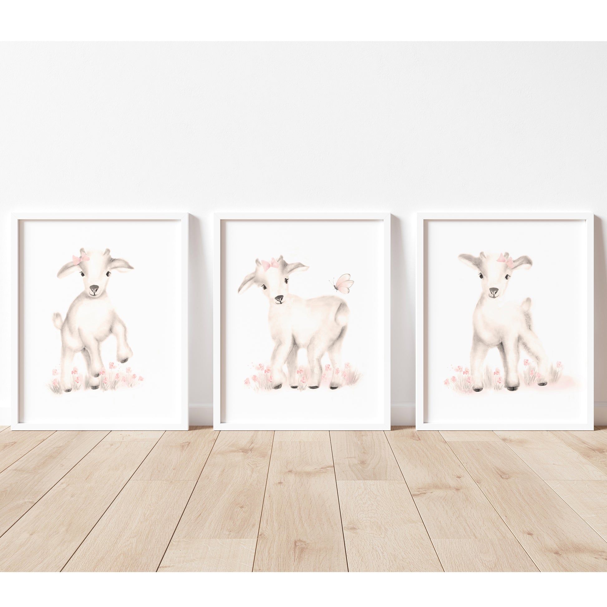 Set of three goat drawings in shades of sepia and sweet blush - Studio Q - Art by Nicky Quartermaine Scott