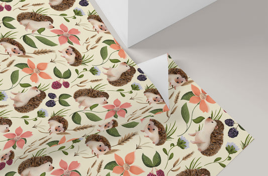 Hedgehog Floral Wrapping Paper in BUTTERCUP