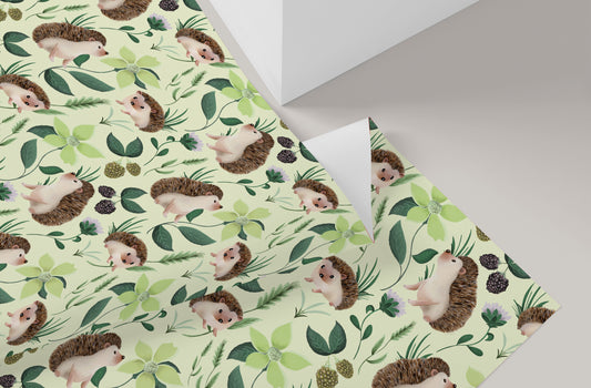 Hedgehog Floral Wrapping Paper in SAGE