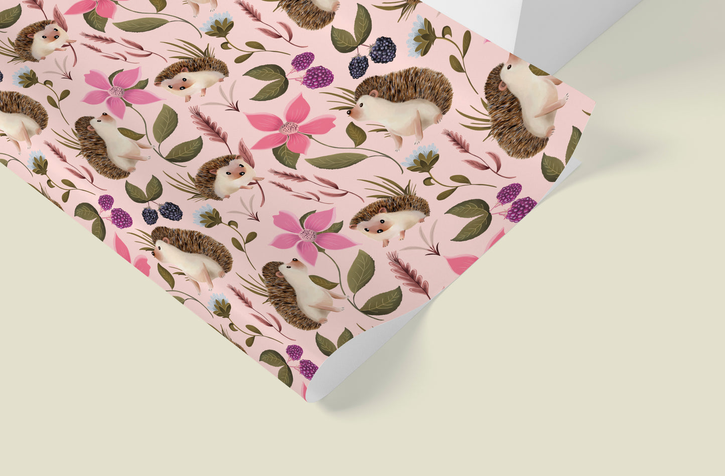 Hedgehog Floral Wrapping Paper in STRAWBERRY