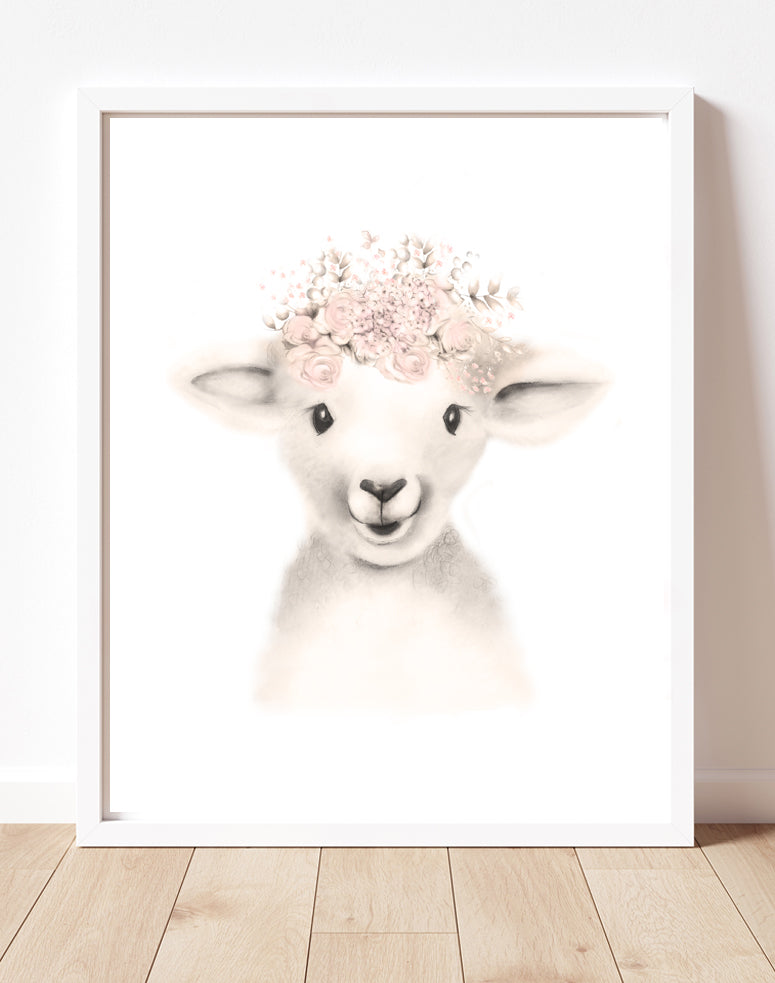 Lamb Flower Crown Print in Sweet Blush - Studio Q - Art by Nicky Quartermaine Scott
