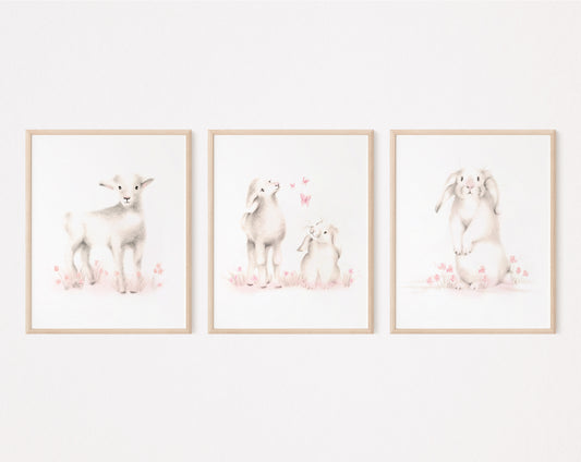 Lamb and Bunny Nursery Art Prints - Sweet Blush - Set of 3- Studio Q - Art by Nicky Quartermaine Scott