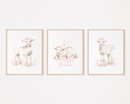 Personalized Lamb Nursery Art Prints Sweet Blush - Set of 3 - Studio Q - Art by Nicky Quartermaine Scott