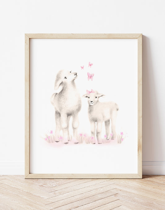Mama and Baby Lamb Nursery Art Print in Sweet Blush- Studio Q - Art by Nicky Quartermaine Scott