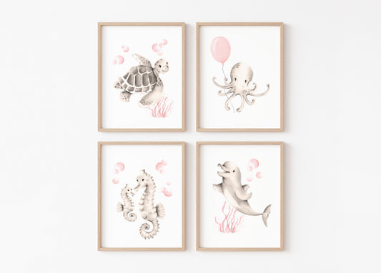 Sea Animal Nursery Prints Sweet Blush - Set of 4- Studio Q - Art by Nicky Quartermaine Scott