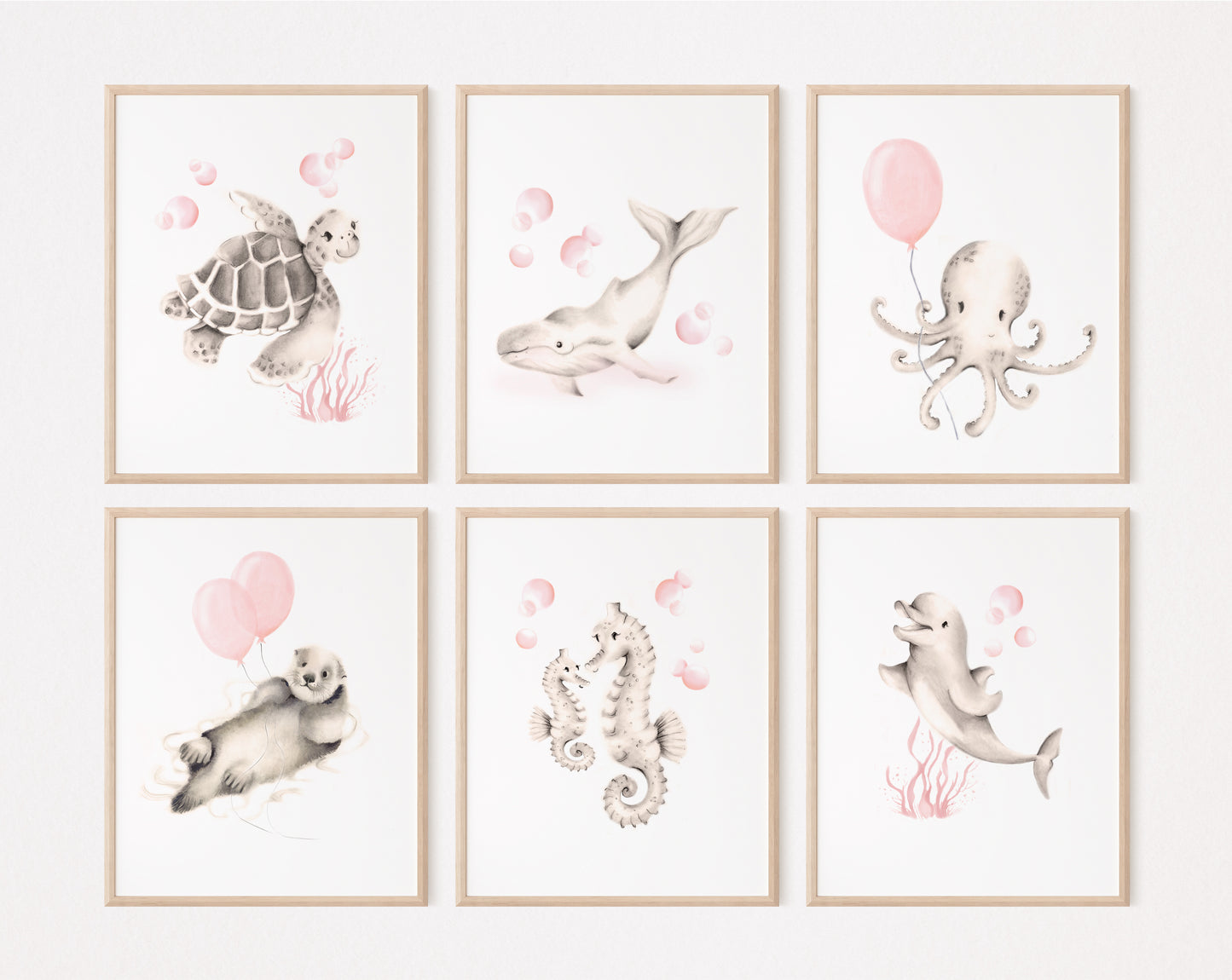 Sea Animals Nursery Art Prints Sweet Blush - Set of 6- Studio Q - Art by Nicky Quartermaine Scott