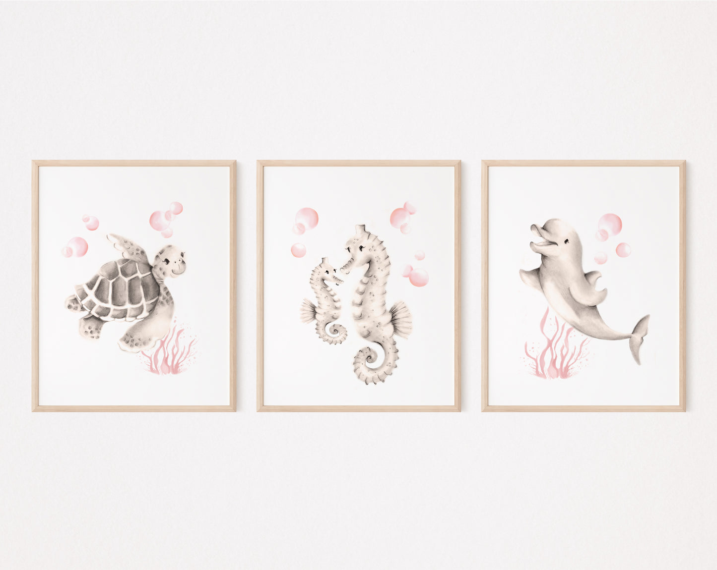 Sea Animal Nursery Art Prints Sweet Blush- Set of 3- Studio Q - Art by Nicky Quartermaine Scott