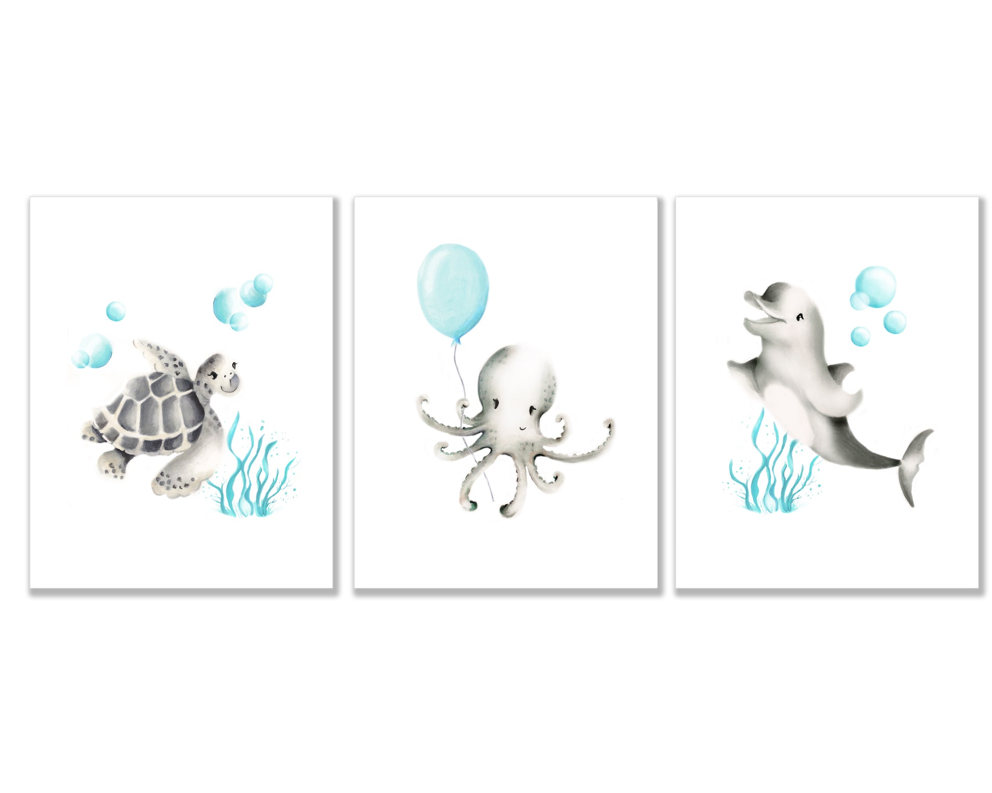 Sea Animals with Balloon Nursery Art Prints - Set of 3- Studio Q - Art by Nicky Quartermaine Scott