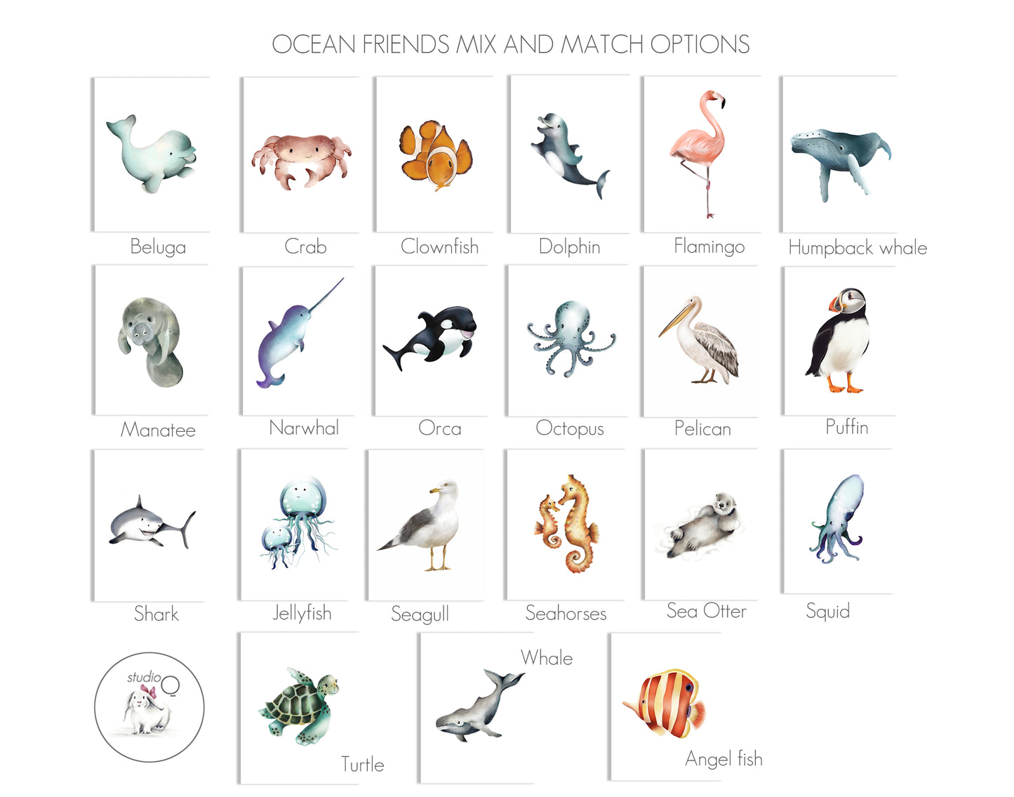 Ocean Animals Nursery Art Prints - Set of 3 - Studio Q - Art by Nicky Quartermaine Scott