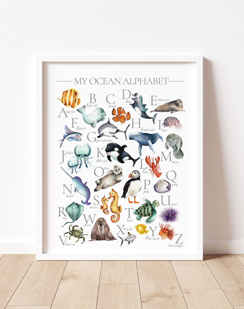 Ocean Sea Animal Alphabet Print - Studio Q - Art by Nicky Quartermaine ScottColorful ocean animal alphabet print for kids with underwater animals from A thru Z - Studio Q - Art by Nicky Quartermaine Scott