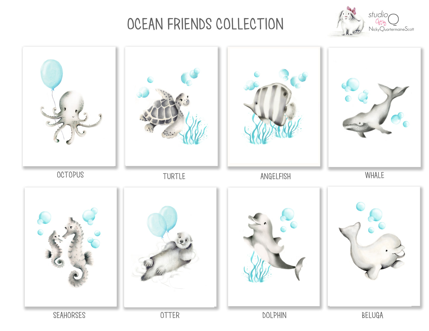 Sea Animals with Balloon Nursery Art Prints - Set of 3- Studio Q - Art by Nicky Quartermaine Scott