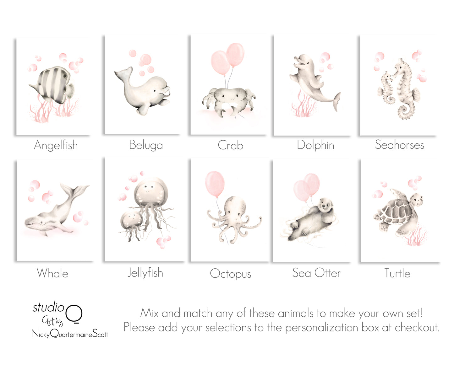 Sea Animal Nursery Art Prints Sweet Blush- Set of 3- Studio Q - Art by Nicky Quartermaine Scott