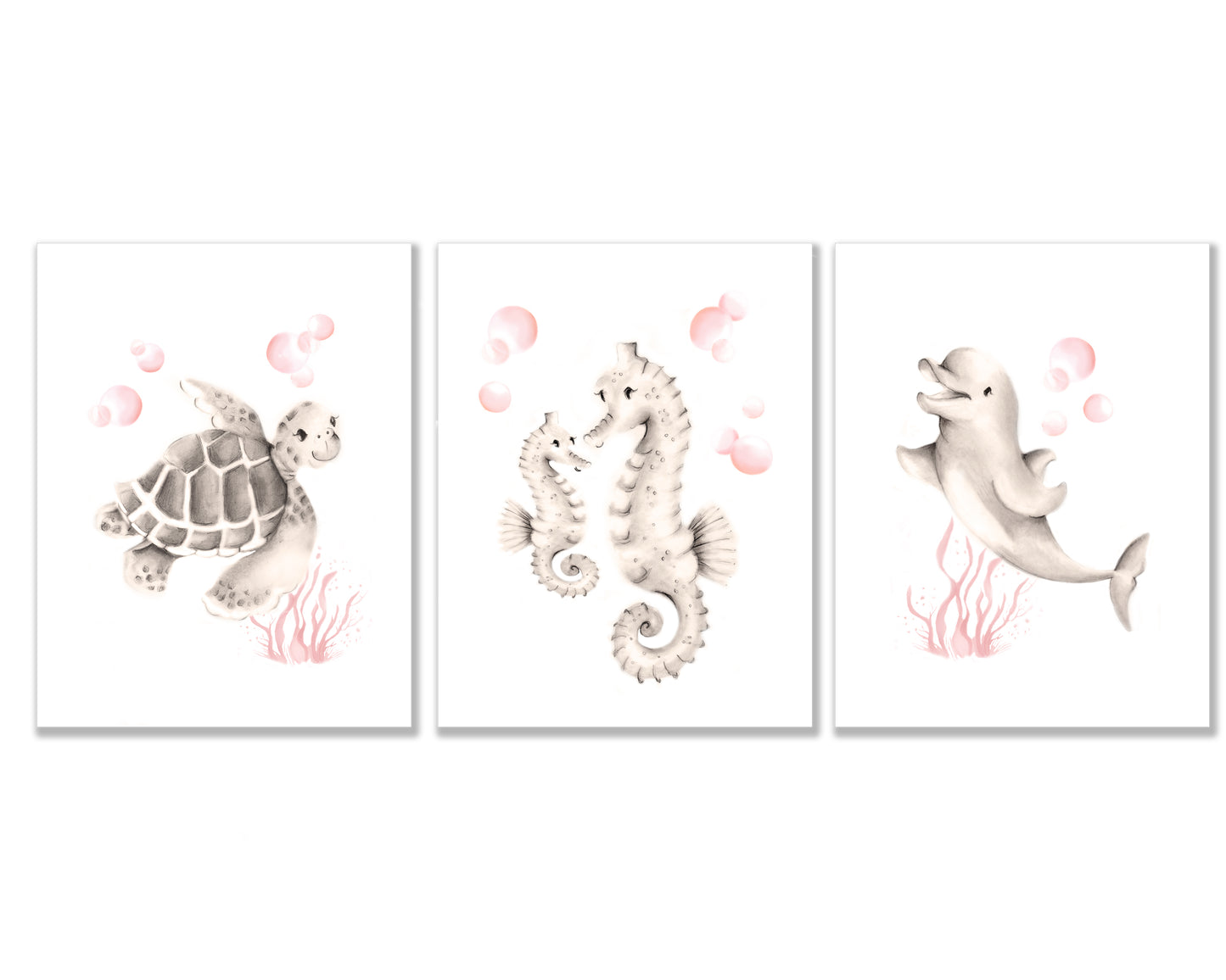 Sea Animal Nursery Art Prints Sweet Blush- Set of 3- Studio Q - Art by Nicky Quartermaine Scott