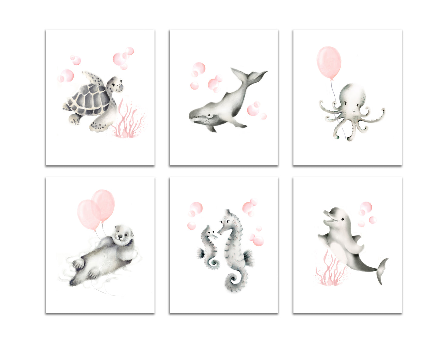 Sea Animals Nursery Art Prints Sweet Blush - Set of 6- Studio Q - Art by Nicky Quartermaine Scott