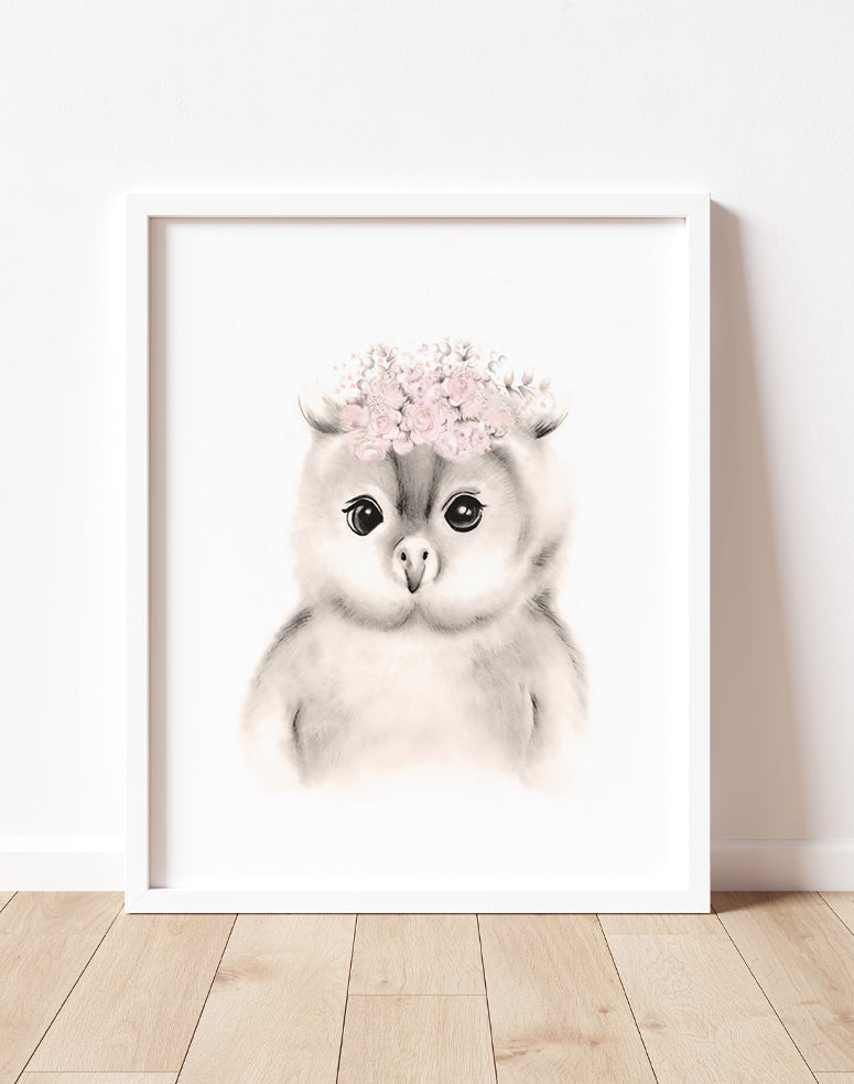 Baby Owl Flower Crown Print- Studio Q - Art by Nicky Quartermaine Scott