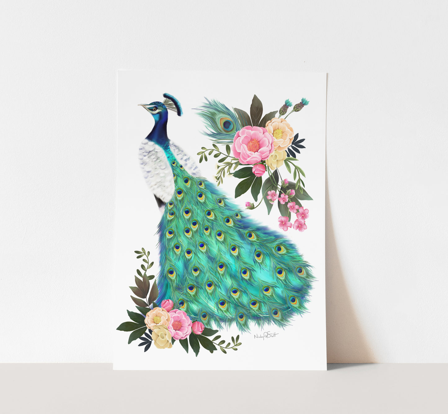 Peacock and Peonies Wall Art Print Illustration- Studio Q - Art by Nicky Quartermaine Scott