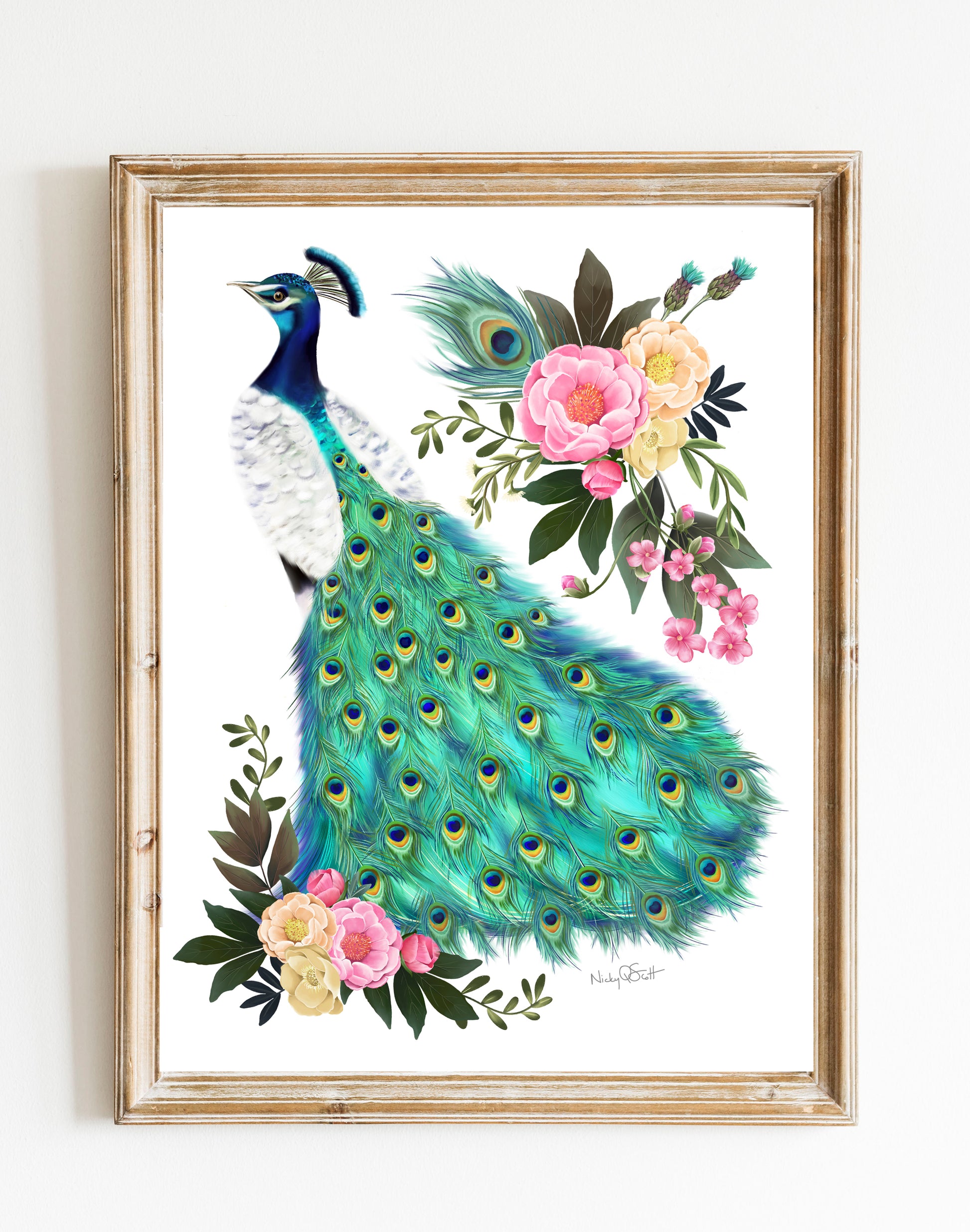 Peacock and Peony Flowers Illustration Wall Art Print- Studio Q - Art by Nicky Quartermaine Scott