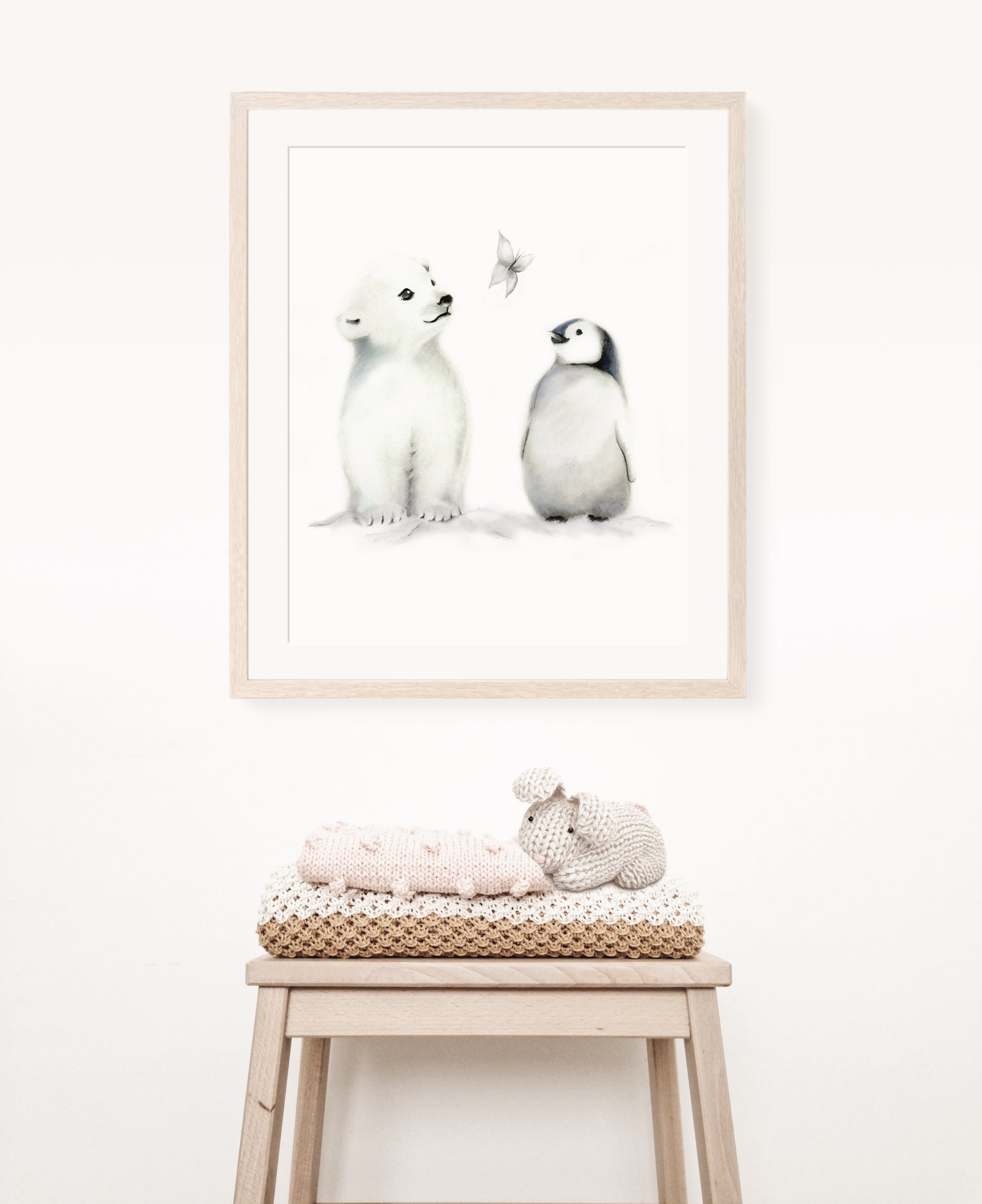 Penguin and Polar Bear with Butterfly Art Print - Studio Q - Art by Nicky Quartermaine Scott