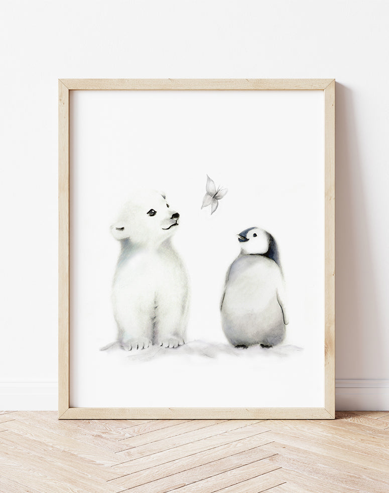 Penguin and Polar Bear with Butterfly Art Print - Studio Q - Art by Nicky Quartermaine Scott