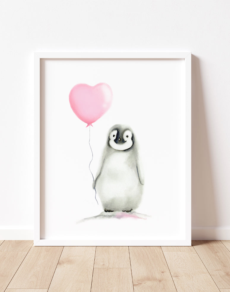 Penguin with Heart Balloon Nursery Art Print - Studio Q - Art by Nicky Quartermaine Scott