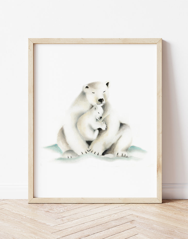 Polar Bear Mama and Baby Arctic in Aqua Nursery Print- Studio Q - Art by Nicky Quartermaine Scott