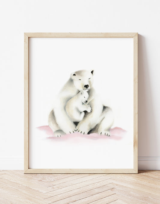 Polar Bear Mama and Baby Arctic in Blush Nursery Print - Studio Q - Art by Nicky Quartermaine Scott