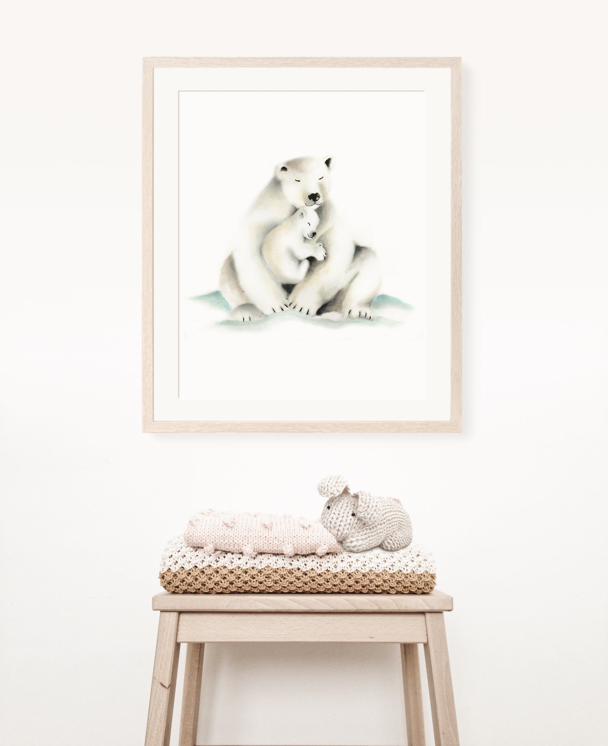 Polar Bear Mama and Baby Arctic in Aqua Nursery Print- Studio Q - Art by Nicky Quartermaine Scott