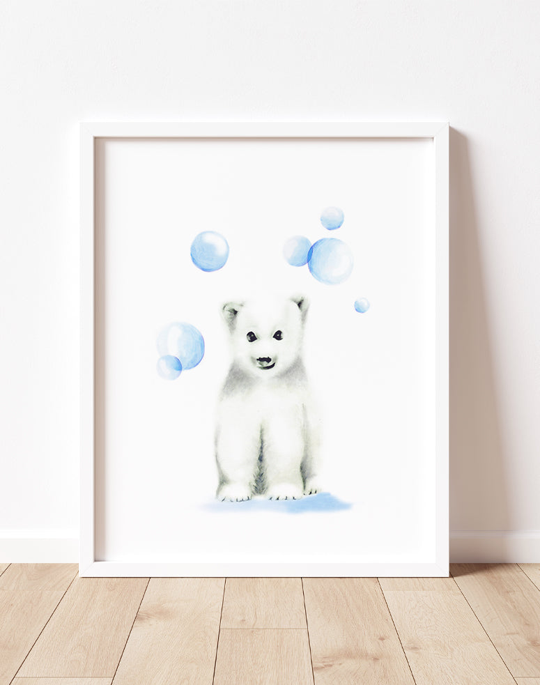 Polar Bear with Bubbles Nursery Art Print - Studio Q - Art by Nicky Quartermaine Scott