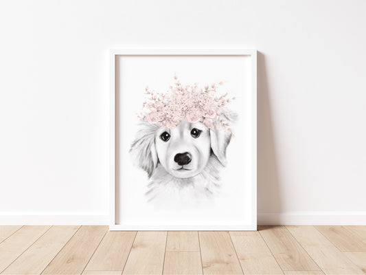 Sketch of Retriever Puppy wearing Blush Pink Flower Crown in a white frame - Studio Q - Art by Nicky Quartermaine Scott
