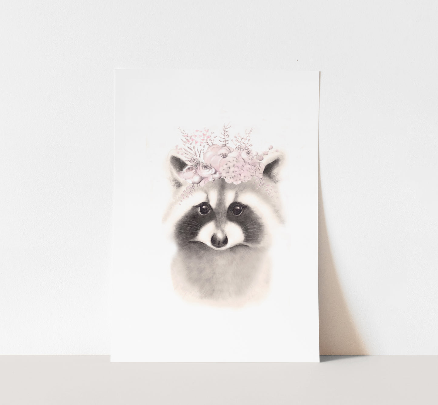 Raccoon Flower Crown Print in Sweet Blush - Studio Q - Art by Nicky Quartermaine Scott