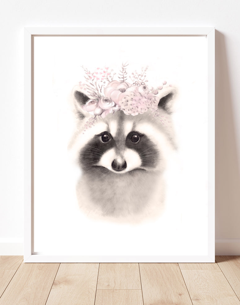 Raccoon Flower Crown Print in Sweet Blush - Studio Q - Art by Nicky Quartermaine Scott
